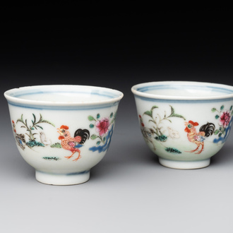 A pair of Chinese famille rose 'chicken' cups, Qianlong mark and of the period