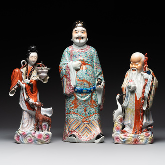 Three Chinese famille rose figures of deities, Deng Yifu 鄧義福 mark, 19th C.