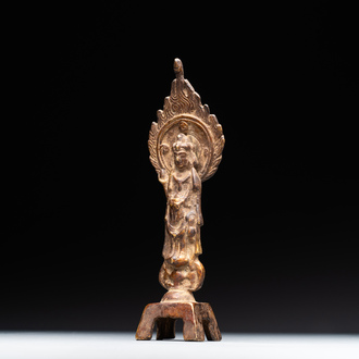 A rare Chinese gilt bronze standing Buddha with aureola and inscription, Northern Wei, dated 441