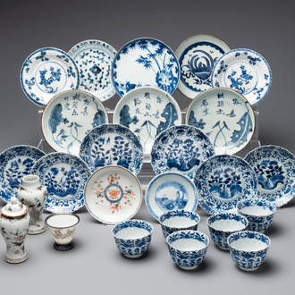 A varied collection of Chinese blue and white, grisaille and famille verte porcelain, Kangxi and later