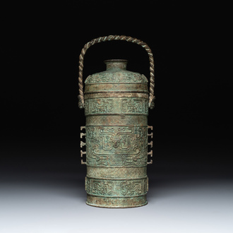 A large Chinese archaistic bronze wine vessel, 'you 卣', Ming