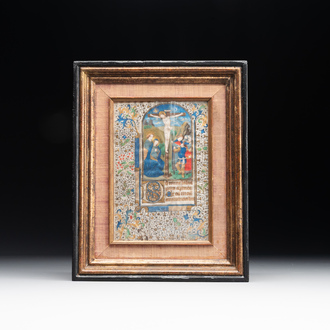 A parchment page from an illuminated book of hours, probably Flanders, 15th C.
