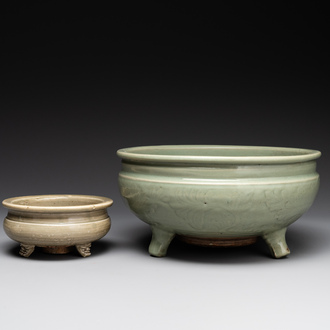 Two Chinese Longquan celadon tripod censers, Ming