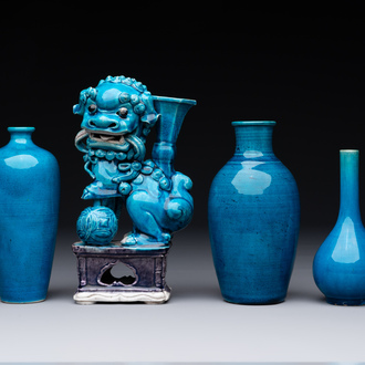 Three Chinese turquoise-glazed vases and a turquoise and aubergine-glazed Buddhist lion, Kangxi