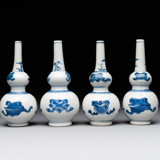 Four Chinese blue and white 'Eight Treasures 八寶' double gourd vases, Kangxi
