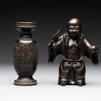 A Chinese bronze vase and a Taoist figure-shaped incense burner, Ming
