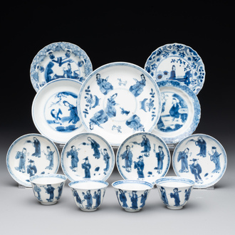 Four Chinese blue and white 'Eight Immortals' cups and saucers and five saucers, Chenghua and Lu mark, Kangxi