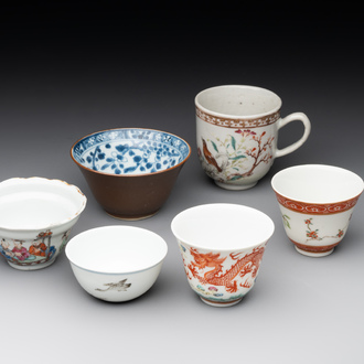 A group of six Chinese blue and white and famille rose cups, Chenghua, Tongzhi and Guangxu mark, Kangxi and later