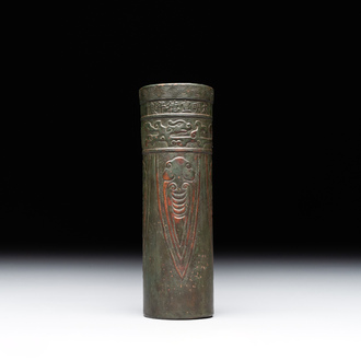A Chinese bronze cylindrical 'cicada' flower arranging vase, Xuande mark, Ming