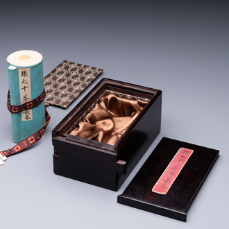 Zhang Daqian 張大千 (1898-1983): 'Fruit and vegetables', ink and colour on paper, with 'Zitan' wooden box, dated 1957