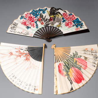 Three Chinese fans, ink and colour on paper, signed Qi Baishi 齊白石 (1864-1957), Qi Gong 启功 (1912-2005), Chen Dayu 陈大羽 (1912-2001) and Shi Shuqing 史树青 (1922-2007)