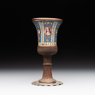 A gilt copper and enamelled water pipe base on wooden stand, Qajar, Iran, 19th C.