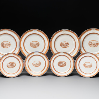 Eight Chinese export 'EHA' monogrammed 'landscape' plates, Jiaqing, ca. 1800