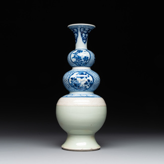 A rare Chinese blue and white, celadon-and-ge-glazed triple gourd vase, Kangxi