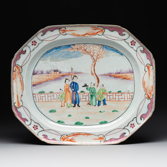 A very large Chinese famille rose octagonal dish with mandarin design, Qianlong