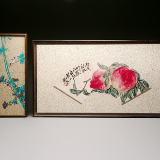 Qi Baishi 齊白石 (1864-1957) and Yu Feian 于非闇 (1889-1959): 'Peaches' and 'Birds on bamboo', ink and colour on paper and gold paper