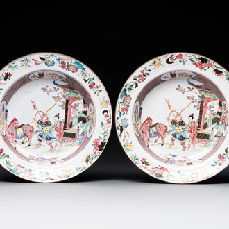 A pair of Chinese Canton enamel 'Fengyiting 鳳儀亭' plates, Yongzheng