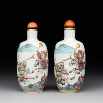 A pair of fine Chinese famille rose 'dragon boat' snuff bottles, 19th C.