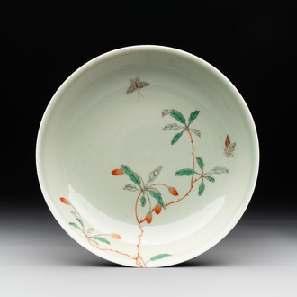 A Chinese famille verte celadon-glazed plate, Jiajing mark, Kangxi/Yongzheng