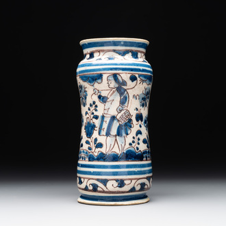 A blue, white and manganese Portuguese faience albarello, 17th C.