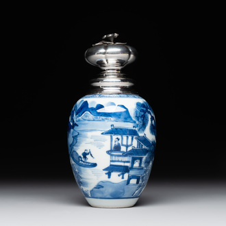 A Chinese blue and white silver mounted tea caddy with a river landscape, Kangxi