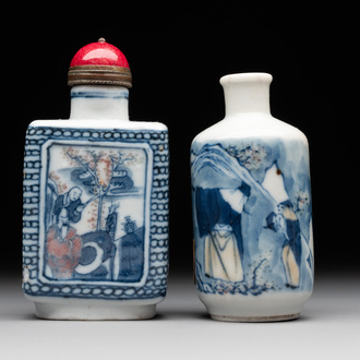 Two Chinese blue, white and copper-red snuff bottles, Chenghua mark, 19/20th C.
