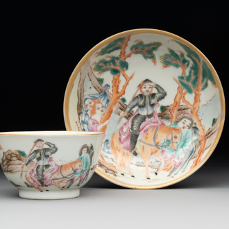 A Chinese famille rose 'Don Quixote' cup and saucer, 18/19th C.