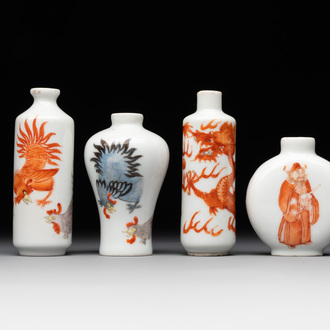 Three Chinese iron-red snuff bottles and one polychrome snuff bottle, Qianlong and Jie Mei Ya Zhi 介眉雅製 mark, 19th C.