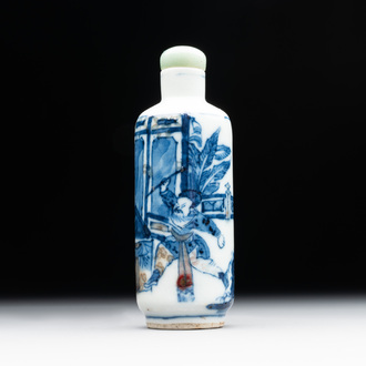 A Chinese blue, white and copper-red 'warriors' snuff bottle, Kangxi mark, 19th C.