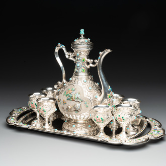 A rare Chinese silver, enamel and hardstone coffee set with matching tray, 20th C.