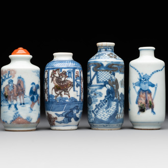 Four Chinese blue, white and copper-red snuff bottles, Yongzheng and Daoguang mark, 19th C.