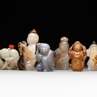 Six Chinese carved jade and agate 'figural' snuff bottles, 19/20th C.
