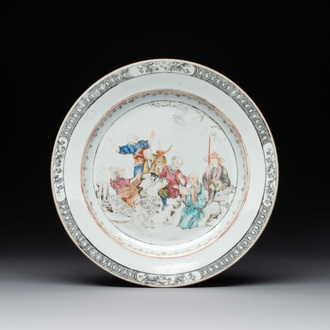 A Chinese rose-grisaille plate with Luohan, a dragon and a tiger, Yongzheng/Qianlong