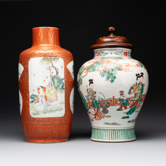 A Chinese famille rose coral-red-ground vase and a famille verte vase, 19th C.