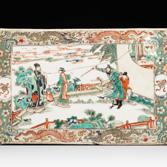 A rectangular Chinese famille verte tile with two-sided design, Kangxi