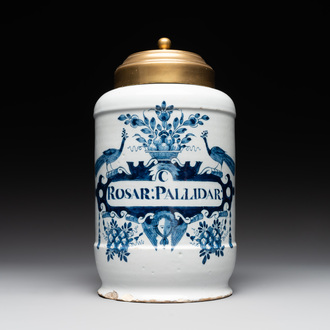 A large blue and white Dutch Delft albarello, inscribed 'Rosar:Pallidar', 18th C.