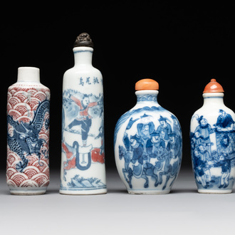 Two Chinese blue and white snuff bottles and two blue, white and copper-red snuff bottles, Yongzheng and Qianlong mark, 19th C.