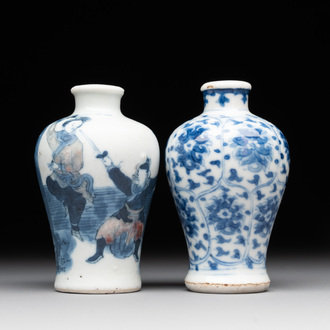 Two Chinese blue, white and copper-red snuff bottles, Yongzheng mark, 18/19th C.