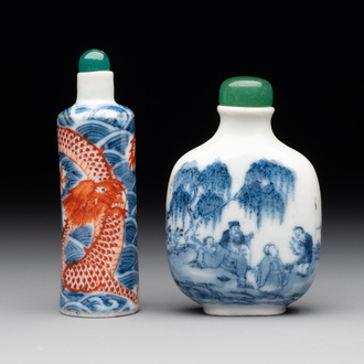 A Chinese blue and white 'figurative' snuff bottle and a blue, white and iron-red 'dragon' snuff bottle, Qianlong mark, 19th C.