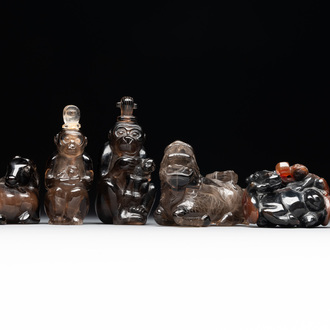 Six Chinese smoky quartz animal-form snuff bottles, 19th/20th C.