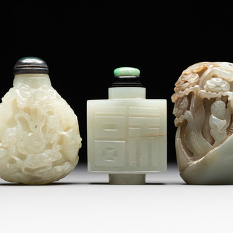 Three Chinese celadon jade snuff bottles, Qing