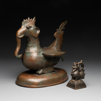A large bronze sculpture and an opium weight in shape of Hintha or Hamsa, Burma/India, 17/18th C.