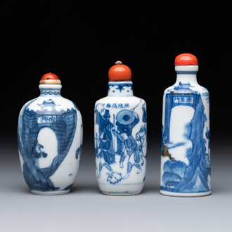 Two Chinese blue and white snuff bottles and a blue, white and copper-red snuff bottle, Yongzheng mark, 19th C.
