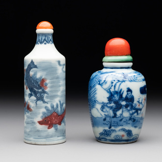 Two Chinese blue, white and copper-red snuff bottles, Gui Li Lian Nian 鮭鯉鰱鯰 and Qianlong mark, 18/19th C.