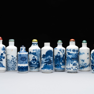 Nine Chinese blue and white snuff bottles, Kangxi and Qianlong mark, 19th C.