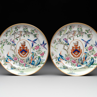 A pair of rare Chinese Canton famille rose armorial plates with the arms of Wight, ca. 1810