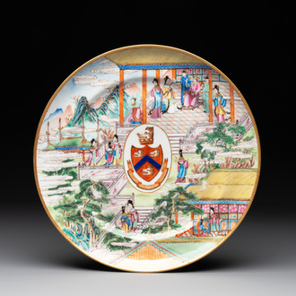 A rare Chinese Canton famille rose armorial dish with the arms of Wight, ca. 1810