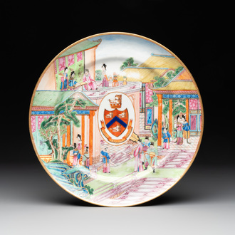 A rare Chinese Canton famille rose armorial dish with the arms of Wight, ca. 1810
