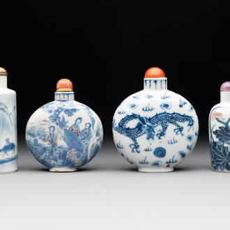 Three Chinese blue, white and copper-red snuff bottles and a blue and white snuff bottle, Qianlong mark, 19th C.