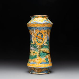 An Italian maiolica albarello with the arms of Boerio, Angelo and Ludovico Picchi workshop, Casteldurante, ca. 1562-1563